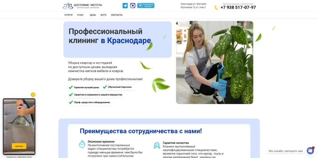 Главный экран клининговой службы Достояние чистоты